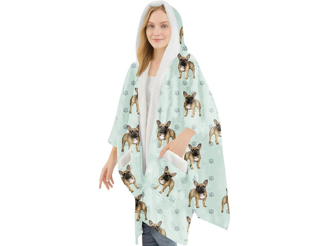 E & S Pets Snuggs Blanket Hoodie for Women Soft Fleece Wrap, French Bulldog