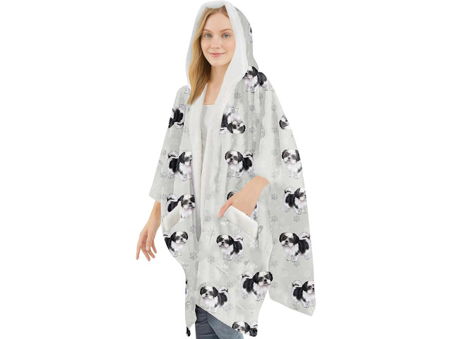 E & S Pets Snugg Blanket Hoodie for Women Soft Fleece Wrap, Black White Shih Tzu