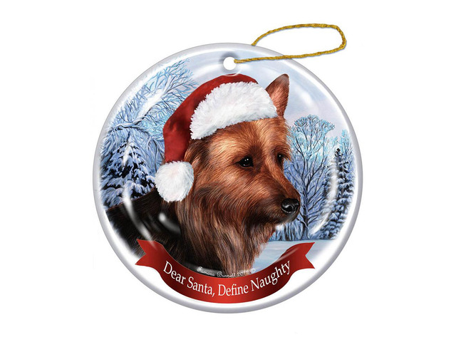 Holiday Pet Gifts Australian Terrier Santa Hat Dog Porcelain Christmas Ornament