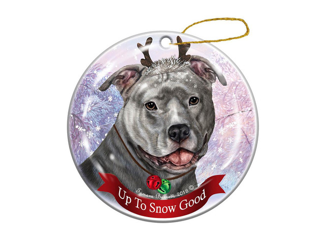 Holiday Pet Gifts Blue Pit Bull Uncropped Dog Porcelain Christmas Ornament