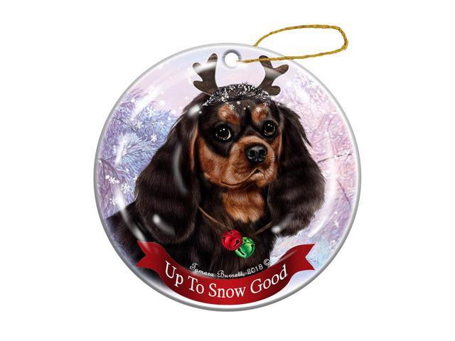 Cavalier King Charles Black/Tan Reindeer Dog Porcelain Christmas Ornament