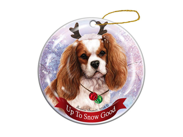 Holiday Blenheim Cavalier King Charles Reindeer Dog Porcelain Christmas Ornament