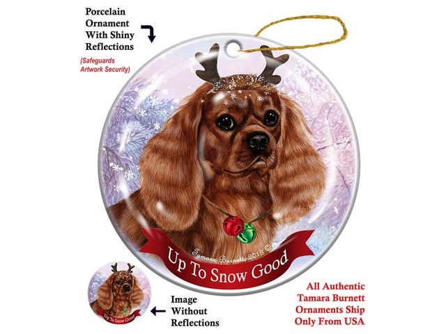 Holiday Ruby Cavalier King Charles Reindeer Dog Porcelain Christmas Ornament