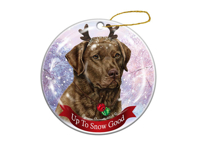 Holiday Brown Chesapeake Bay Retriever Reindeer Dog Porcelain Christmas Ornament
