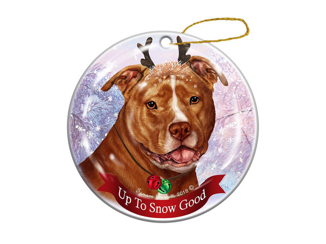 Holiday Pet Gifts Orange and White Pit Bull Uncropped Dog Porcelain Christmas Ornament