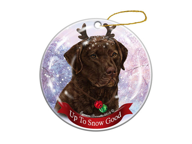 Dark Brown Chesapeake Bay Retriever Reindeer Dog Porcelain Christmas Ornament