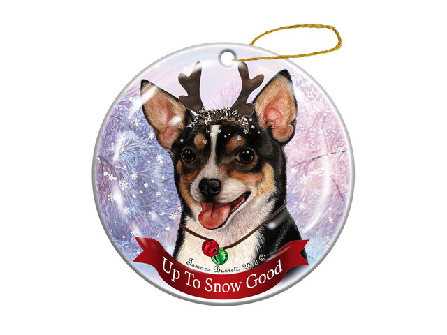 Tricolor Short Hair Chihuahua Reindeer Dog Porcelain Christmas Ornament
