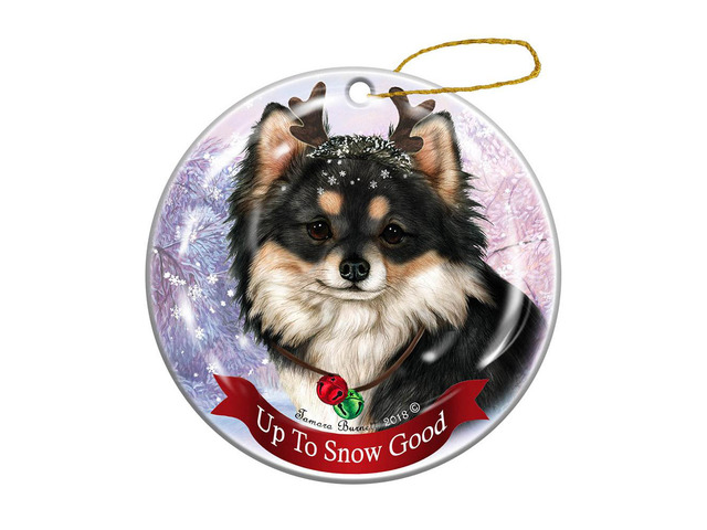 Tricolor Long Haired Tri Chihuahua Reindeer Dog Porcelain Christmas Ornament