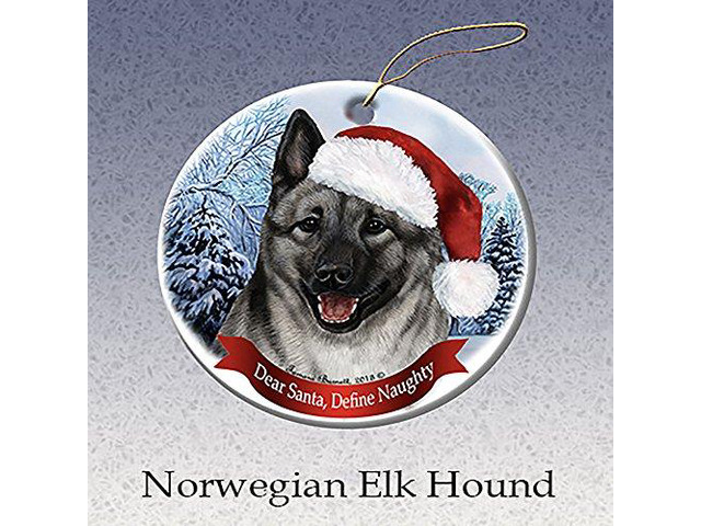 Holiday Pet Gifts Norwegian Elkhound Santa Hat Dog Porcelain Christmas Ornament
