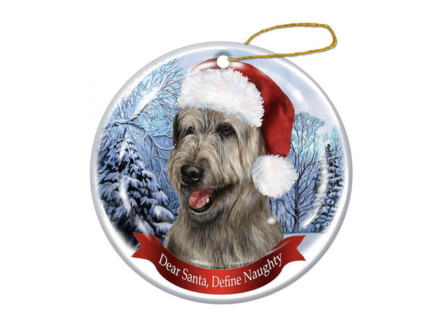 Holiday Pet Gifts Irish Wolfhound, Gray Santa Hat Dog Porcelain Ornament