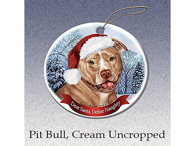 Holiday Pet Gifts Cream & White Pit Bull (Uncropped) Dog Porcelain Ornament