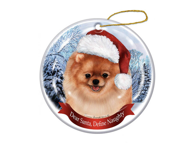 Holiday Pet Gifts Pomeranian, Orange Santa Hat Dog Porcelain Christmas Ornament