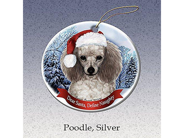 Holiday Pet Gifts Silver Poodle Santa Hat Dog Porcelain Christmas Tree Ornament