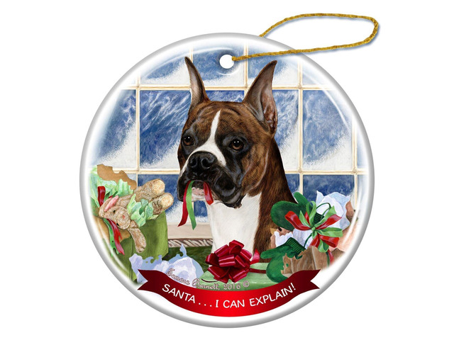 Brindle/White Boxer Cropped Dog Porcelain Ornament Santa. I Can Explain