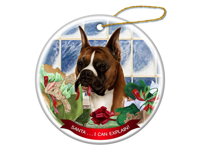 Fawn Boxer Cropped Ears Dog Porcelain Ornament 'Santa.. I Can Explain!'