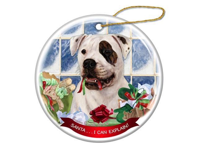 American Bulldog Brindle Eye Patch Porcelain Ornament Santa I Can Explain!