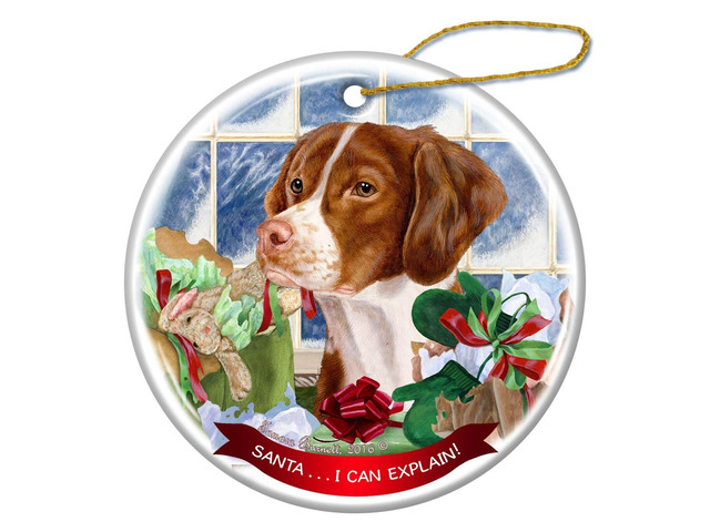 Orange and White Brittany Dog Porcelain Ornament 'Santa.. I Can Explain!'