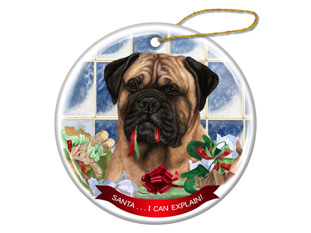 Fawn Bullmastiff Porcelain Hanging Ornament Pet Gift Santa I Can Explain!