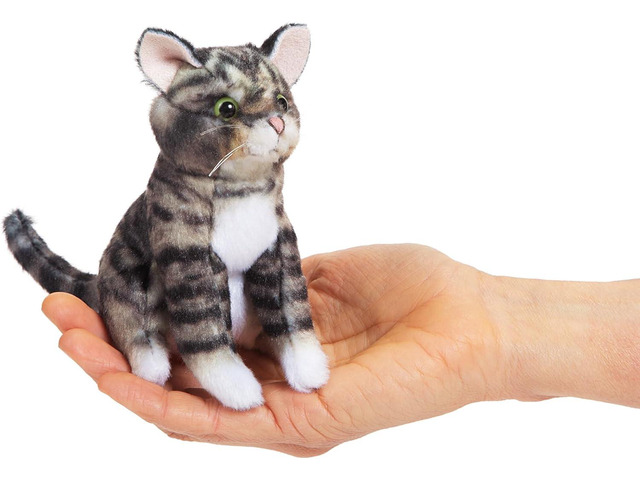 Folkmanis Mini Tabby Cat Finger Puppet, Gray; Black; White