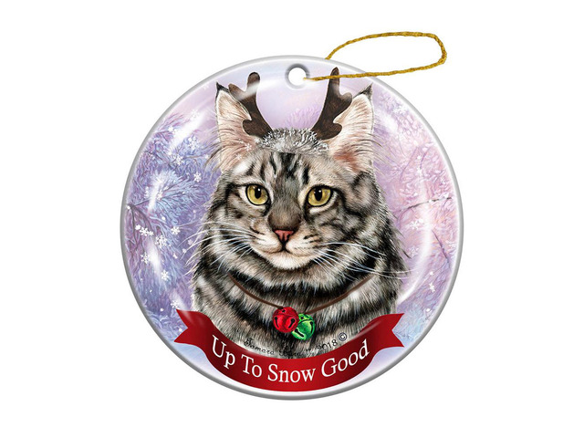 Holiday Pet Gifts Maine Coon Silver Tabby Cat Porcelain Christmas Ornament