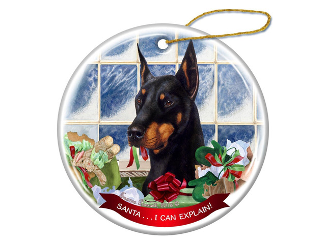 Black Doberman with Cropped Ears Porcelain Ornament Santa I Can Explain!