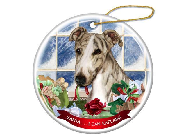 Fawn Brindle Greyhound Dog Porcelain Ornament Pet Gift Santa I Can Explain!