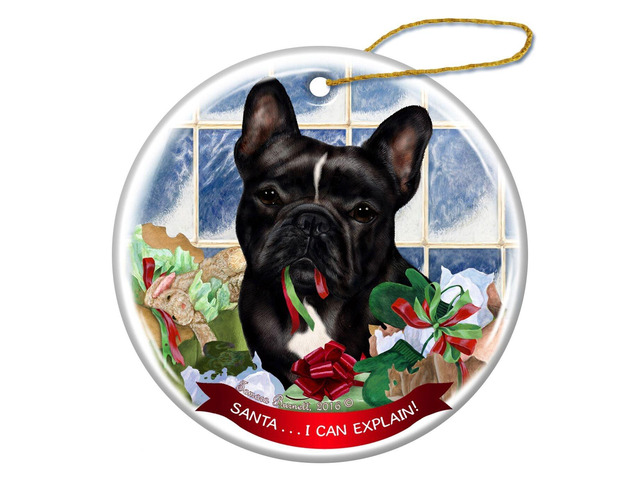 Black and White French Bulldog Dog Porcelain Ornament Santa I Can Explain!