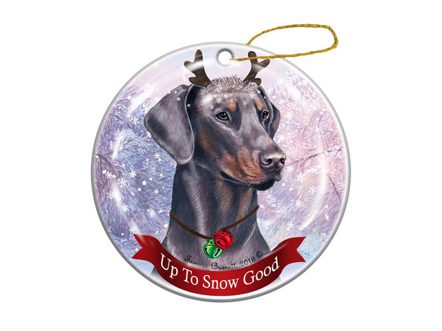 Holiday Pet Gifts Doberman Blue Uncropped Dog Porcelain Christmas Ornament