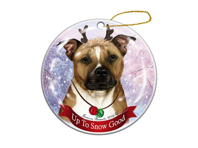 Holiday Pet Gifts Pit Bull, Brown & White Dog Porcelain Christmas Ornament
