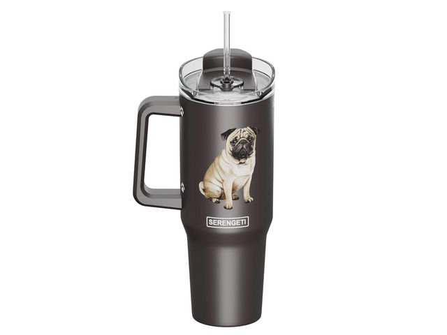 Serengeti 40 Oz Pug Dog Stainless Steel Tumbler with Handle, Straw & Lid