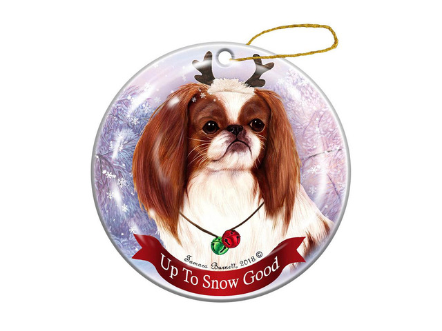 Holiday Pet Gifts Black/White Japanese Chin Reindeer Dog Porcelain Ornament