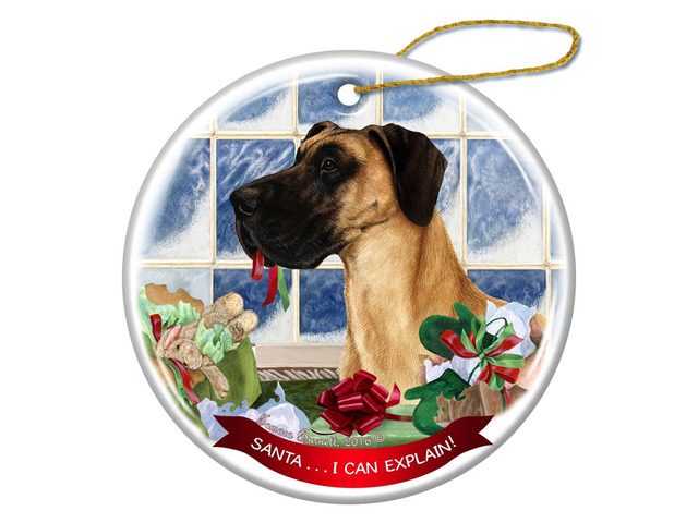 Fawn Great Dane Uncropped Dog Porcelain Ornament 'Santa.. I Can Explain!'