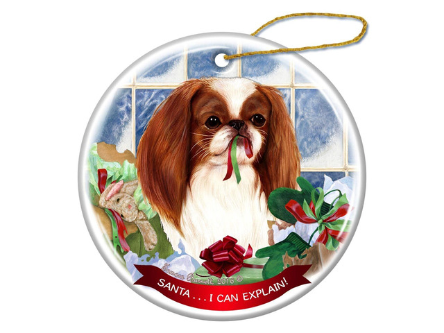 Red and White Japanese Chin Dog Porcelain Ornament 'Santa.. I Can Explain!
