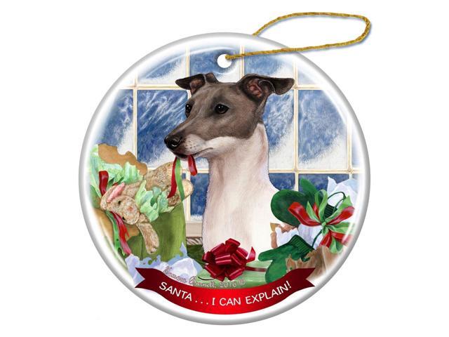 Italian Greyhound Blue and White Dog Porcelain Ornament 'Santa.. I Can Explain!