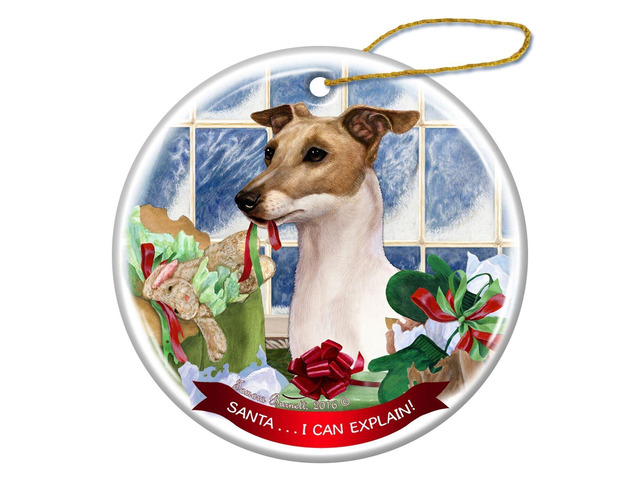 Italian Greyhound Fawn and White Dog Porcelain Ornament 'Santa.. I Can Explain!