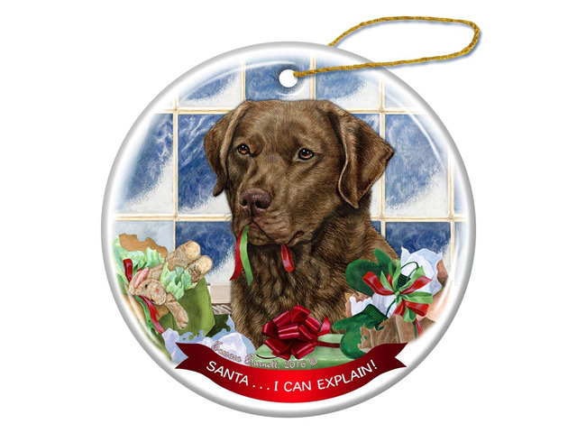 Brown Chesapeake Bay Retriever Porcelain Ornament 'Santa.. I Can Explain!'