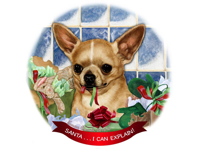 Fawn Short Hair Chihuahua Dog Porcelain Ornament 'Santa.. I Can Explain!'