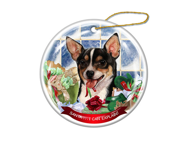 Chihuahua Short Haired Tricolor Porcelain Ornament 'Santa.. I Can Explain!