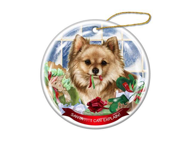 Fawn Longhaired Chihuahua Dog Porcelain Ornament 'Santa.. I Can Explain!'