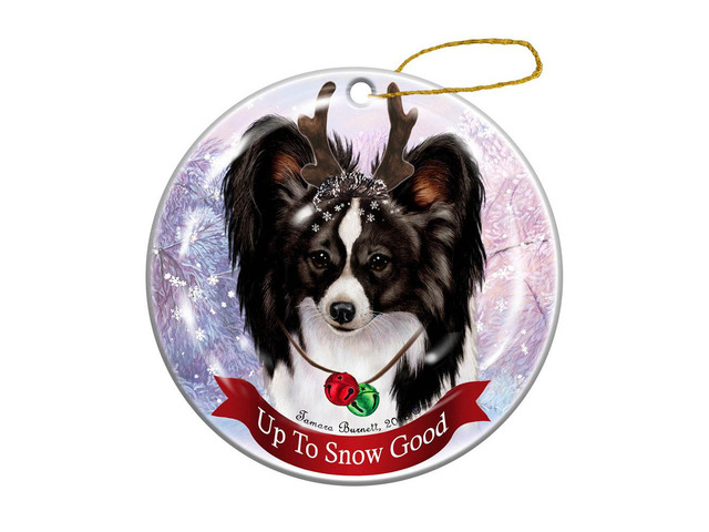 Holiday Pet Gifts Black and White Papillon Dog Porcelain Christmas Ornament