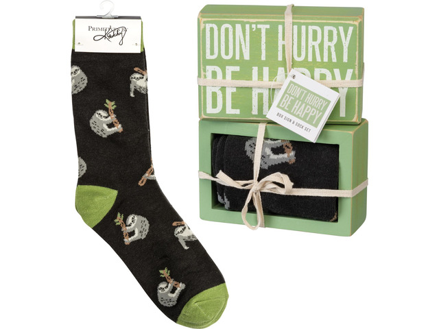 Primitives by Kathy Box Sign/Sock Set - Don't Hurry Be Happy Sloth