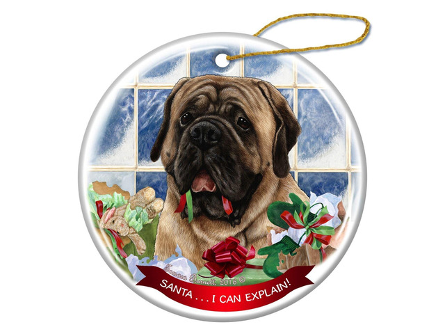 Fawn Mastiff Dog Porcelain Hanging Ornament Pet Gift 'Santa.. I Can Explain!'