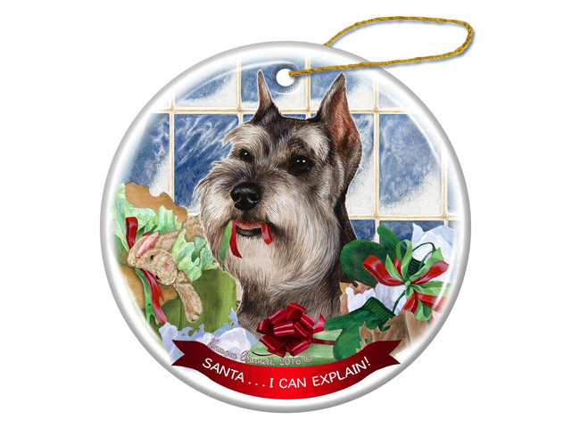 Grey Cropped Schnauzer Dog Porcelain Ornament Pet Gift 'Santa.. I Can Explain!