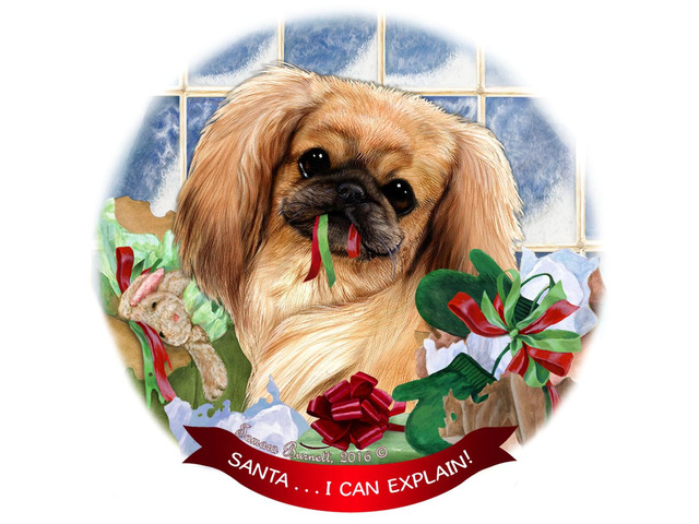 Cream and Sable Pekingese Dog Porcelain Ornament 'Santa.. I Can Explain!'