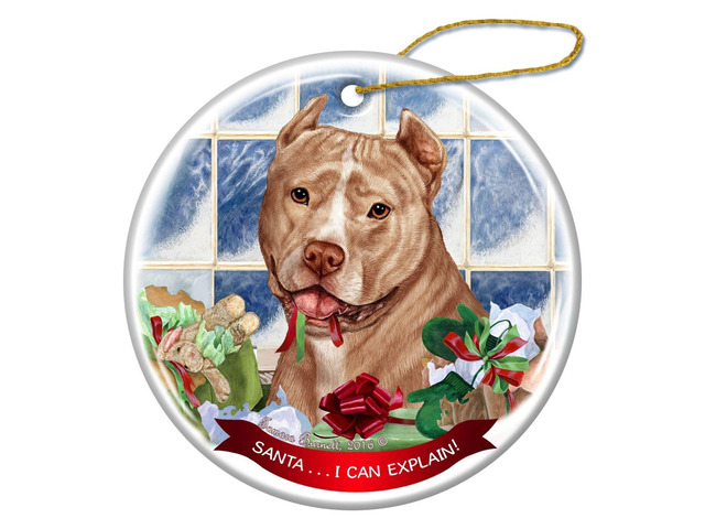 Cream and White Pit Bull Cropped Dog Porcelain Ornament 'Santa.. I Can Explain!'
