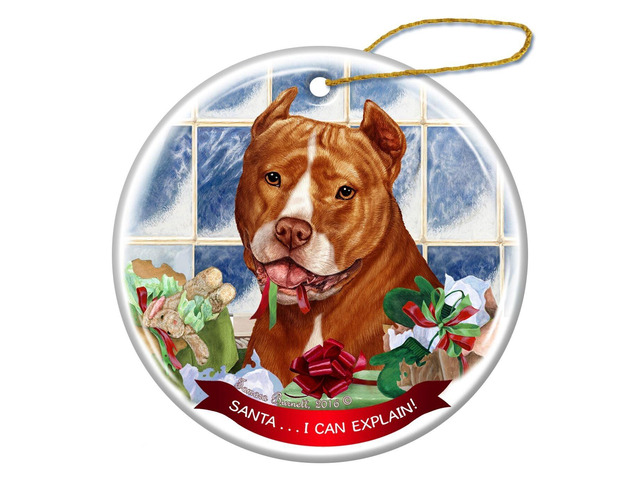 Orange and White Pit Bull Cropped Porcelain Ornament 'Santa.. I Can Explain!