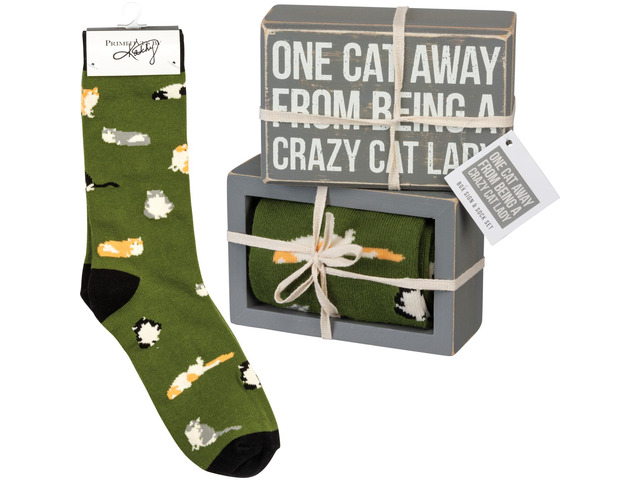 Primitives by Kathy Box Sign/Sock Set - One Cat Away from Crazy Cat Lady