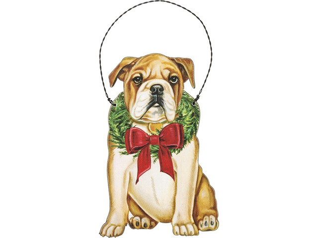 Primitives By Kathy Bulldog with Wreath Wooden Christmas Ornament