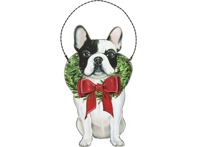 Primitives By Kathy Frenchie French Bulldog Wooden with Wreath Wooden Christmas Ornament