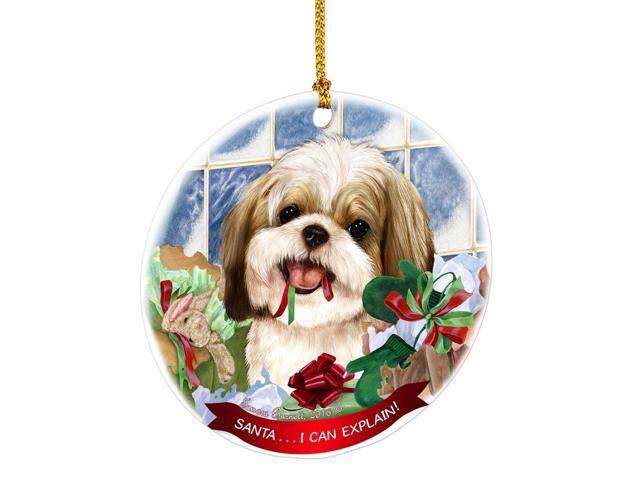 Shih Tzu Gold White Santa I Can Explain Round White Porcelain Hanging Ornament